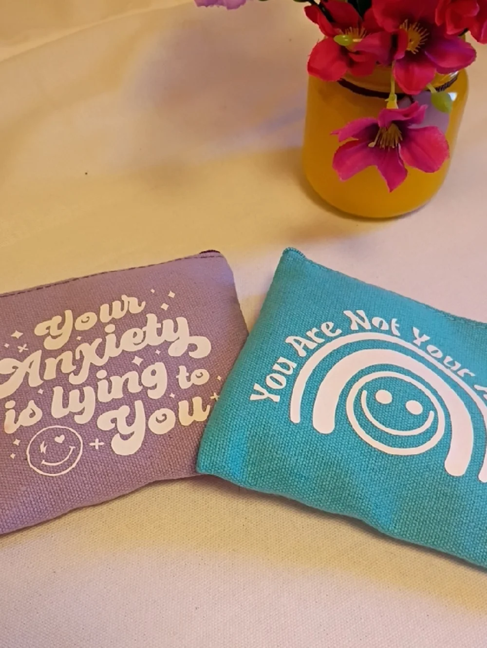 Set of 2 Inspirational Canvas Pouches - Teal & Lavender